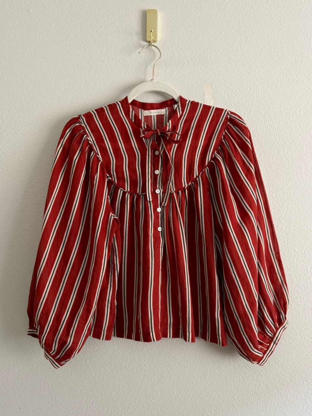 Doen Red and White Striped Cotton Peasant Blouse